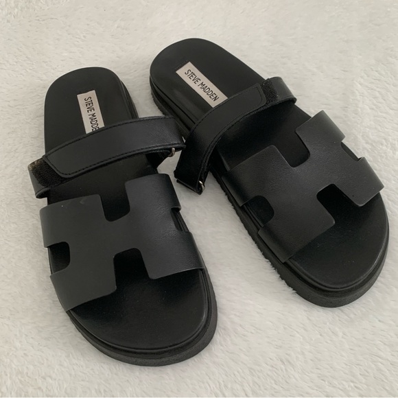 Women’s 8 STEVE MADDEN Mayven Black Leather H Flatform Luxe Slide Sandals - Picture 2 of 5